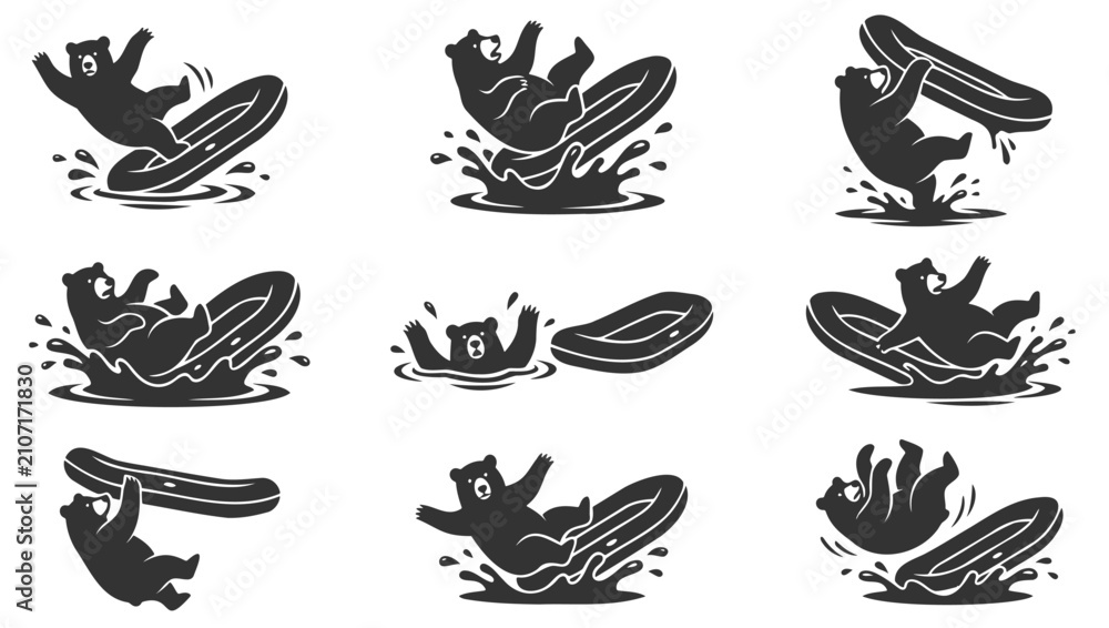 Fototapeta premium Bear character set floating on rubber rings in water black and white style