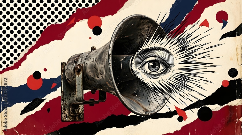Obraz premium Vintage Megaphone Loudspeaker with Big Eye inside Horn for Surveillance and Public Propaganda