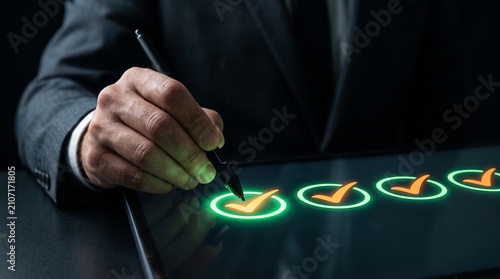 Professional businessman using a stylus to select glowing orange check marks on a dark digital screen