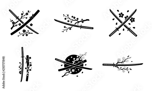 Obraz na płótnie 70 Japanese Katana Sword Set with Cherry Blossoms, Samurai Weapon Icons, Traditi