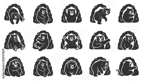 Foto Bear character set sitting in caves in a simple black and white design style