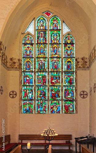 Wismar, Germany. Stained glass window in the chapel of the Hospital Church of the Holy Spirit. It was created in the late 14th century and attributed to the famed northern German master Master Bertram