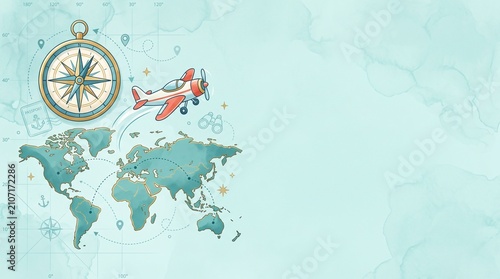 Travel planning with world map and compass. Adventure concept featuring vintage navigation tools and global destinations.