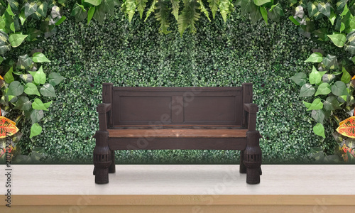 front view old brown wooden chair on wooden floor , nature wall background, isolated, object, decor, vintage, retro, copy space