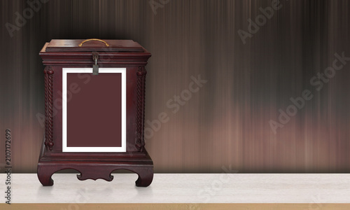 front view old storage cabinet table on wooden floor, wood wall background, object, furniture, vintage, retro, copy space