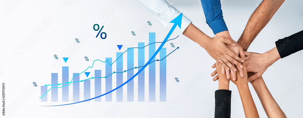 Obraz premium Individuals from diverse backgrounds join hands over a graph depicting growth, symbolizing collaboration, teamwork, and success in achieving business goals. Cyphers
