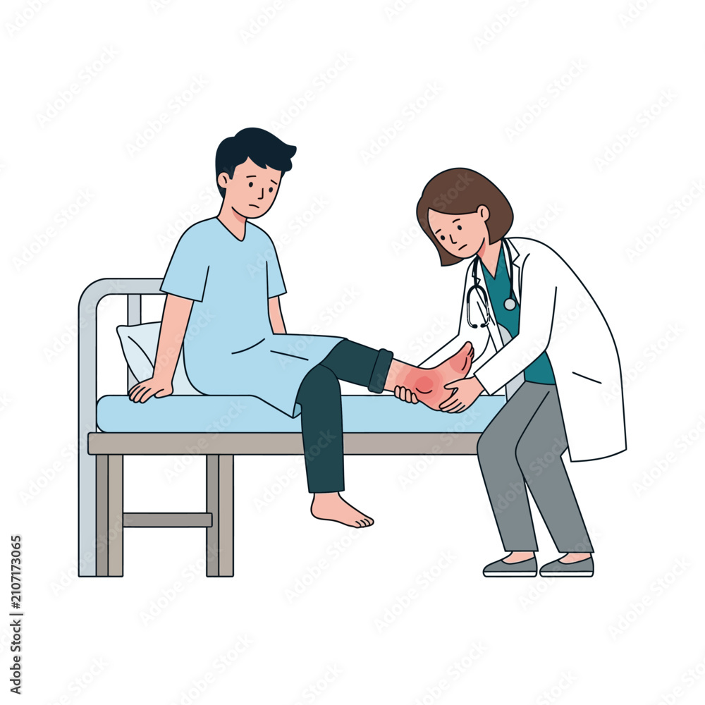 Fototapeta premium Doctor Examining Injured Foot of Patient Sitting on Hospital Examination Bed