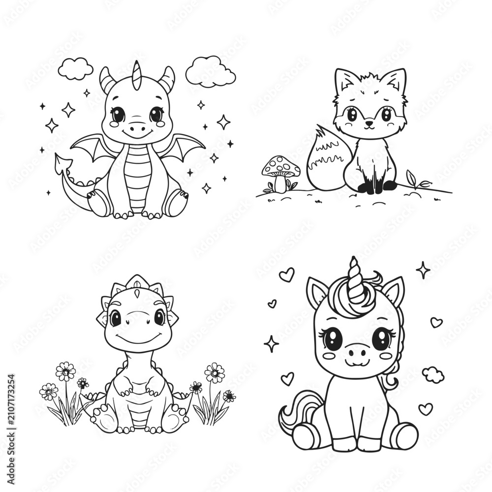 Obraz premium Lovely Baby Dragon Cute Fox Dinosaur and Baby Unicorn Kids Coloring Page Set