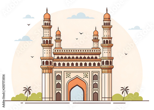 Charminar, Hyderabad, historic four-minaret monument with Islamic arches, modern minimal flat vector illustration, geometric symmetry,