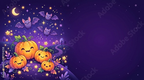 Halloween pumpkin trio glowing with smiling faces. Cartoon jack-o-lanterns floating under purple night sky with stars and bats.