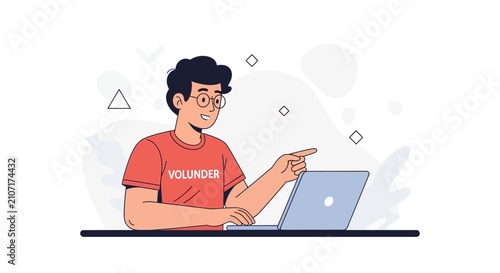 Young man in a VOLUNDER t-shirt pointing at laptop screen, modern flat vector illustration