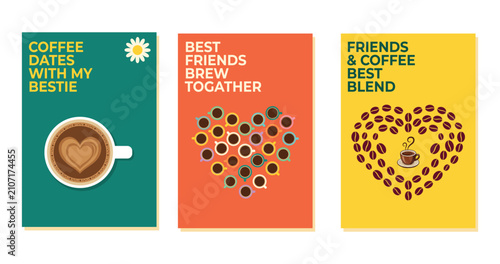 Coffee Quote Poster Set with Creative Coffee Cup and Bean Typography Flat Vector Illustration Collection