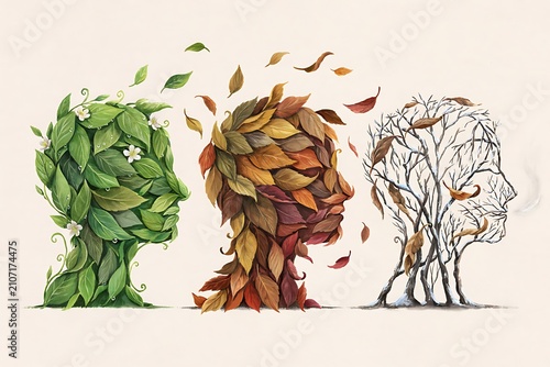 Three human heads symbolizing growth change and decay with nature elements
