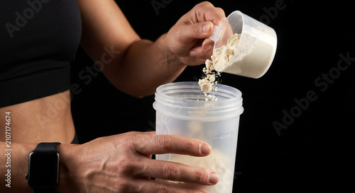 Canvastavla Athletic Woman Adding Scoop of Protein Powder to Shaker Bottle