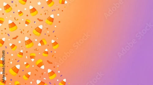Vibrant candy corn pattern background in orange and purple gradient. Abstract autumn confectionery texture for festive design projects.