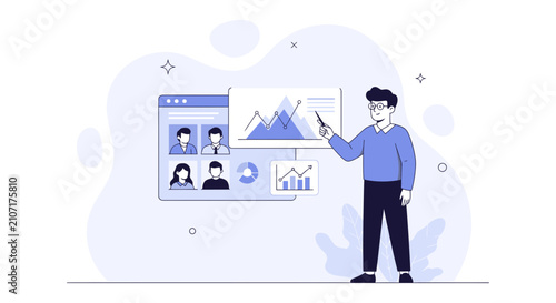 Man presenting data analysis and team meeting on screen, online business meeting vector illustration