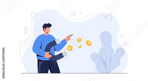 Man with Horseshoe Magnet Attracting Gold Coins, Business Growth and Financial Success Concept
