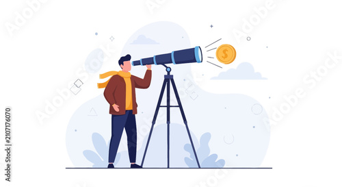 Man with telescope looking at golden coin, symbolizing investment, financial future, and success