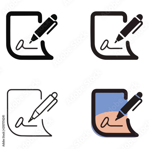 Illustrations of a signature being written in different document corner designs with a pen icon shown