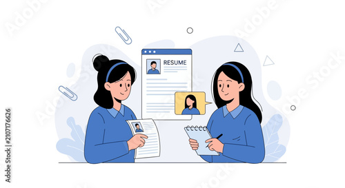 Two women reviewing resumes and discussing candidates, depicting recruitment and hiring process. Vector illustration.