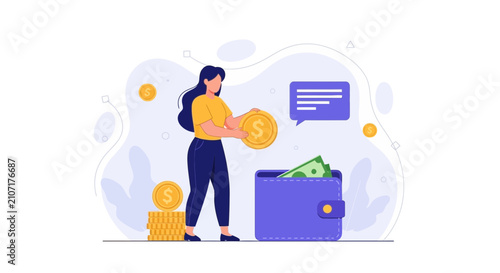 Woman Depositing Coins into Wallet, Financial Concept Illustration