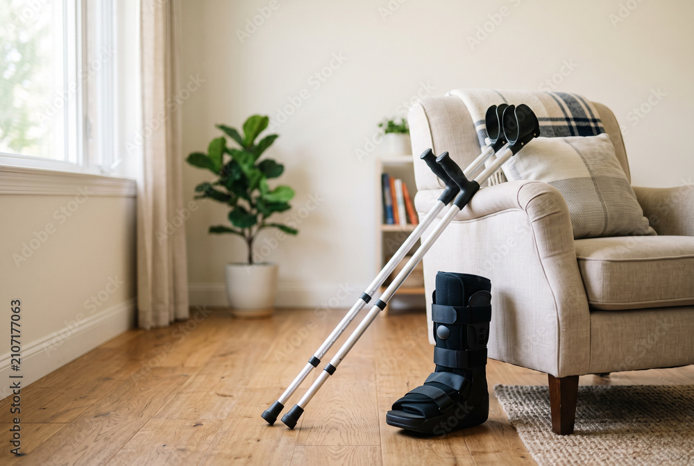 Fototapeta premium Two crutches and a medical boot stand next to a chair in a living room. The space has natural light coming through the window, and a plant is nearby