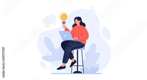 Woman with Laptop and Lightbulb Idea, Vector Illustration for Innovation and Creativity