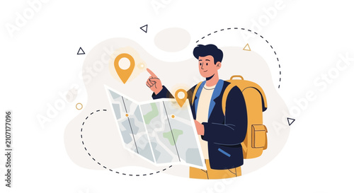 Young man with backpack holding a map and pointing at a destination marker, concept of travel and exploration