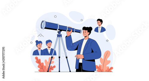 Business Vision Concept: Person with Telescope Looking to Future, Teamwork and Strategy