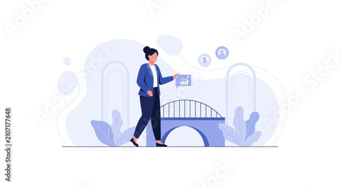 Businesswoman crossing a bridge with financial graph, representing growth, investment, and success