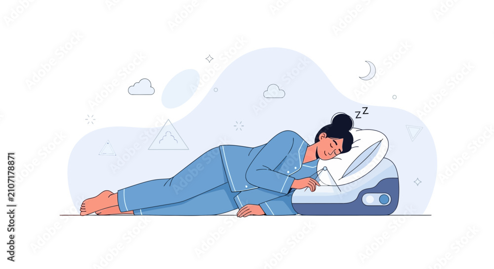 Obraz premium Woman Sleeping Peacefully on Air Mattress with Pillow, Calm Night Scene with Moon and Clouds