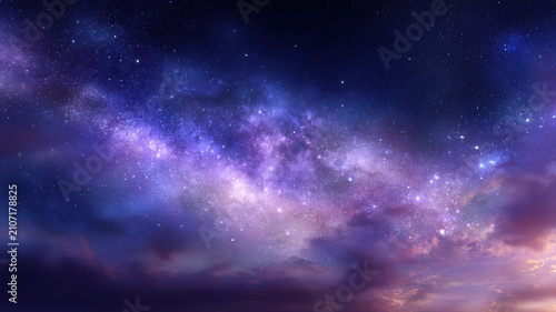 Space universe exploration, fantasy, mysterious. A vivid depiction of a cosmic scene. The main subject is a vast expanse of stars and nebulae, bathed in a gradient of deep blues and purples.