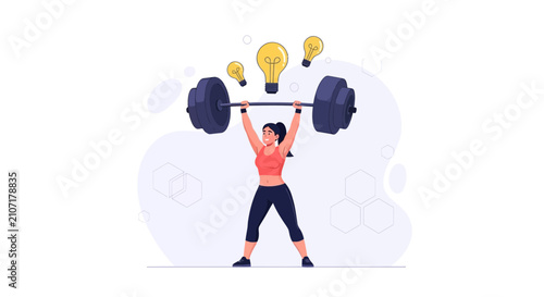 Woman lifting barbell with light bulbs symbolizing new ideas and innovation, concept of mental strength and creativity