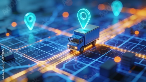 Futuristic logistics truck with digital route pins on glowing futuristic map network