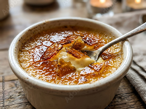 Freshly caramelized creme brulee in a ramekin. Gourmet French custard dessert with sugar crust.