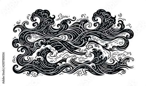 Картината върху платно Stylized ocean waves in black and white ink drawing with dynamic movement repres