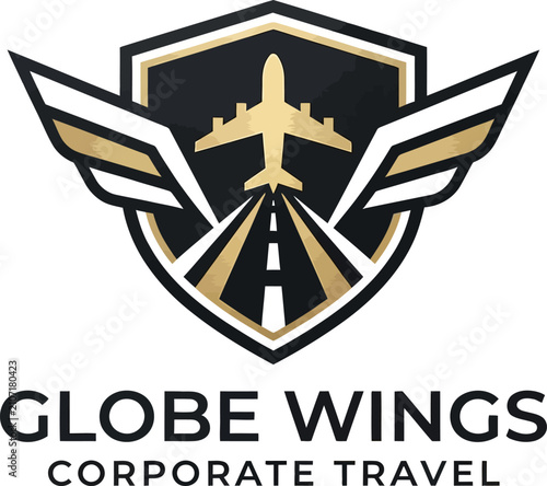Corporate aviation shield logo with airplane and wings on white