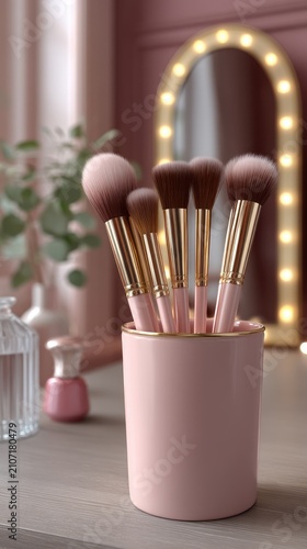 Makeup brushes in a pink cup with soft bristles and rose gold ferrule placed near a mirror and scattered powder in a bright and clean setting