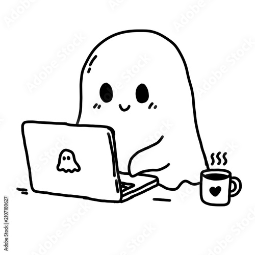 Cute ghost working on laptop hand drawn doodle icon