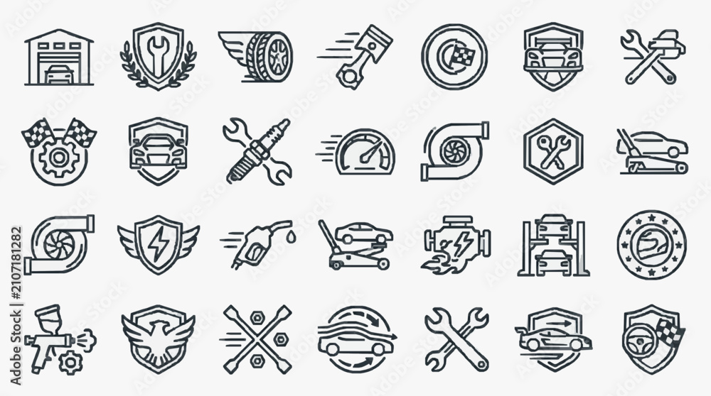 Fototapeta premium Creative Black and White Line Icons Set Featuring Auto Repair Maintenance and Vehicle Parts for Digital Design