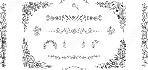 Set of hand drawn floral borders and decorative line separators vintage.