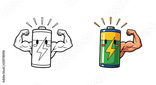 Comparison between a black and white outline and a colored illustration of a battery with strong muscular arms showing its power.
