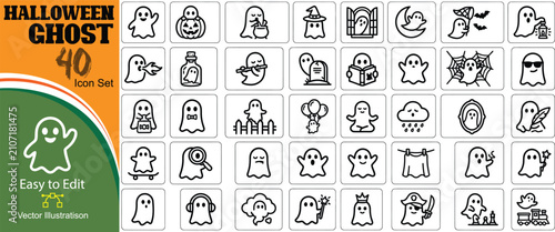 Large set of 40 spooky halloween ghost character line icons with halloween character collection monsters isolated illustration minimalist decoration childish friendly interface