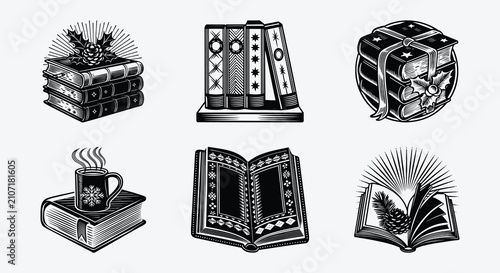 Linocut Christmas books vector illustration set featuring stacks of vintage books, cozy tea mug, ribbon gift, open book, pinecones, and holiday holly branch.