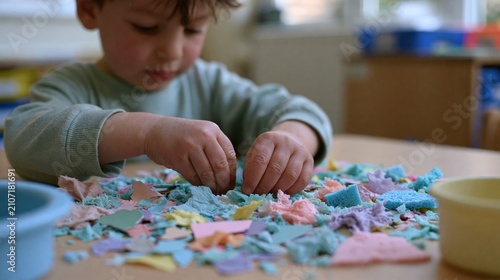 Child creating tactile collage with colorful fabric, paper, and foam in classroom