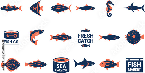 Flat Seafood and Fish Market Icon Vector Set with Salmon, Tuna, Shark, Pufferfish, Seahorse, Canned Tuna, and Marine Badges for Restaurant Designs