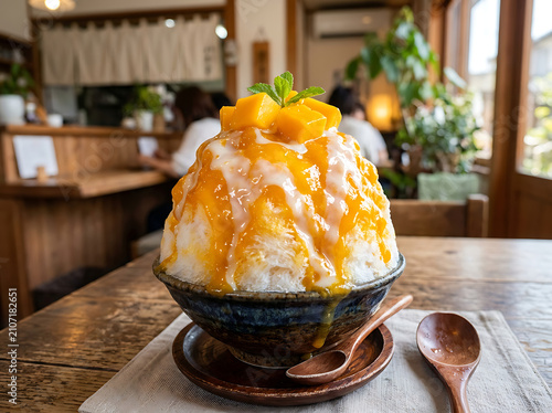 Japanese mango kakigori shaved ice dessert. Refreshing tropical fruit treat in a cafe.