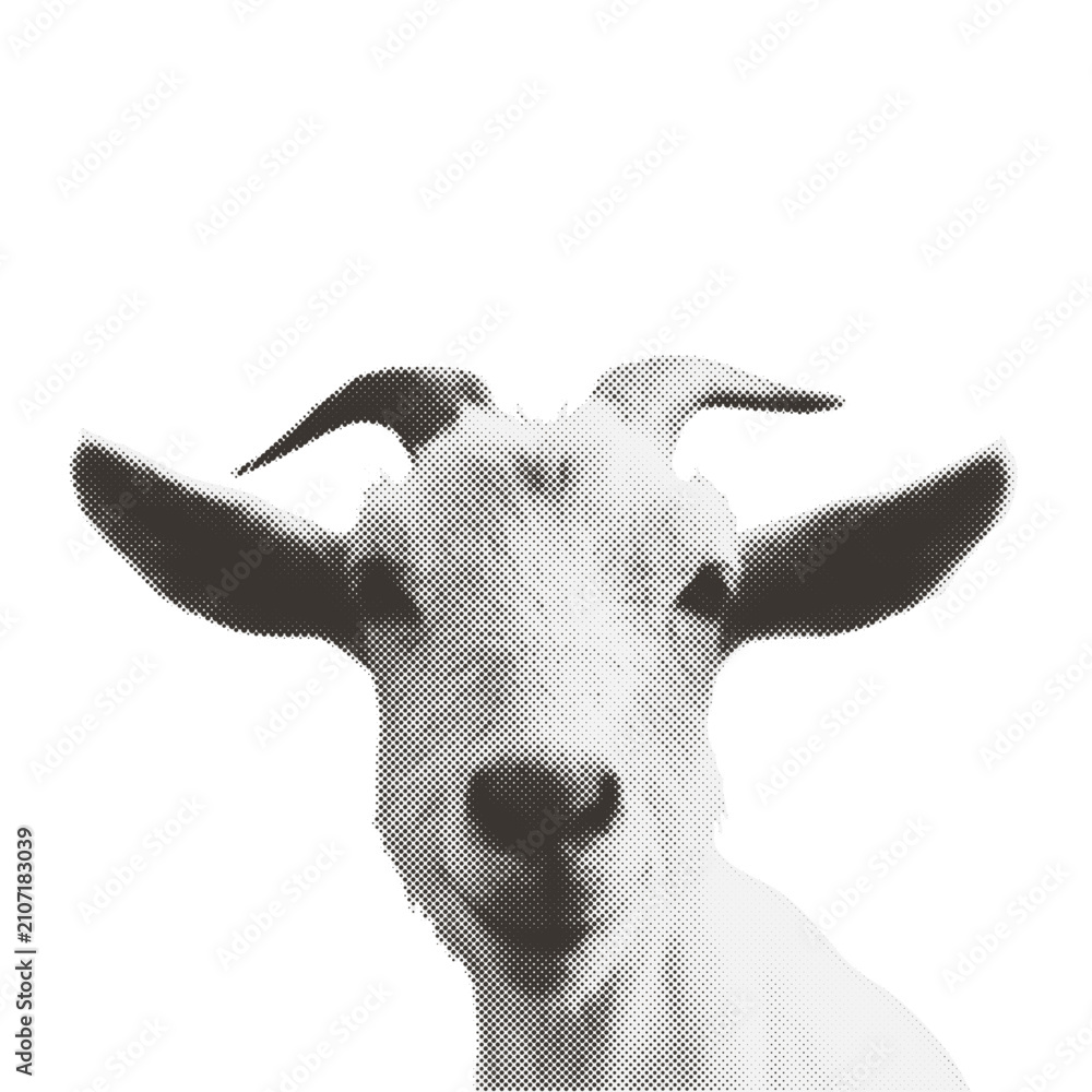 Fototapeta premium Goat head portrait retro halftone collage element. Vintage dotted texture monochrome illustration. Zodiac symbol for 2027 Chinese New Year design.