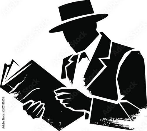 Stylized silhouette illustration of a man in suit and hat reading book isolated on white background in modern grunge style for design