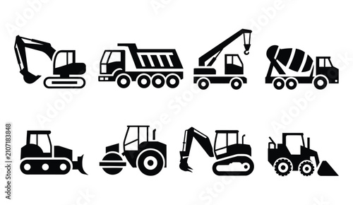 Tableau sur toile Construction vehicle icon set, heavy industrial transport silhouettes, excavator